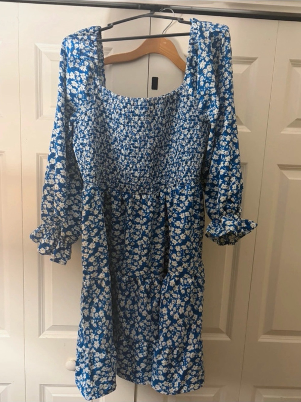 SHEIN Blue & White Floral Smocked Midi Dress